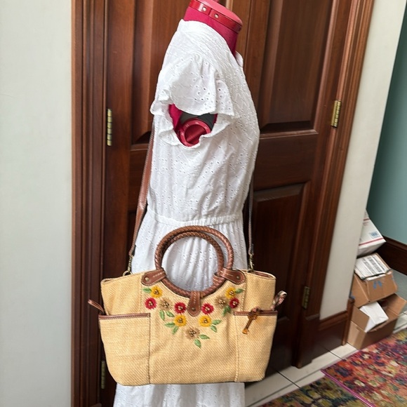 Fossil  straw satchel  Crossbody bag embroidered/beads tan/brown leather trim - Picture 7 of 17